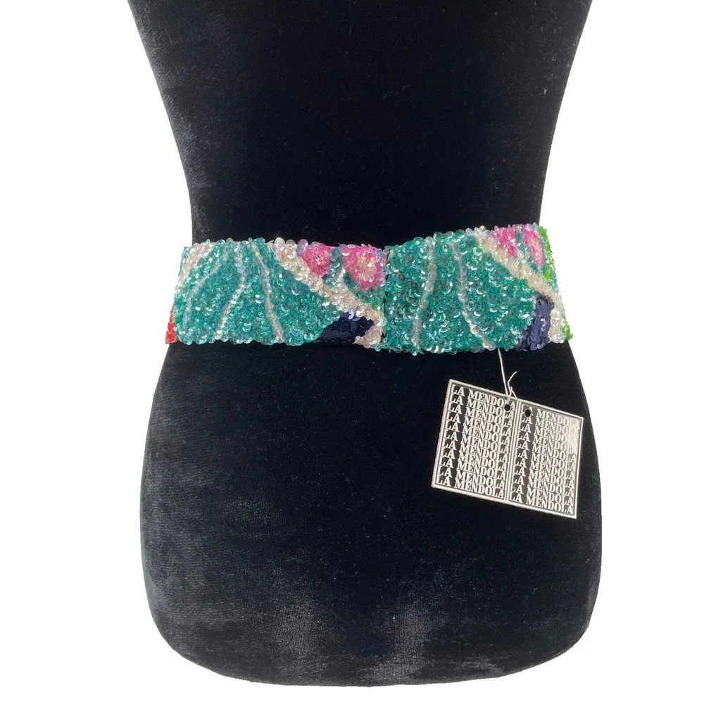Vintage La Mendola Agosto Mod Art Hand Beaded Multicolor Pure Silk Chiffon Belt